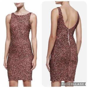 Alice + Olivia Kimber Rose Gold Sequin Beaded Scoop Back Sleeveless Dress. Size